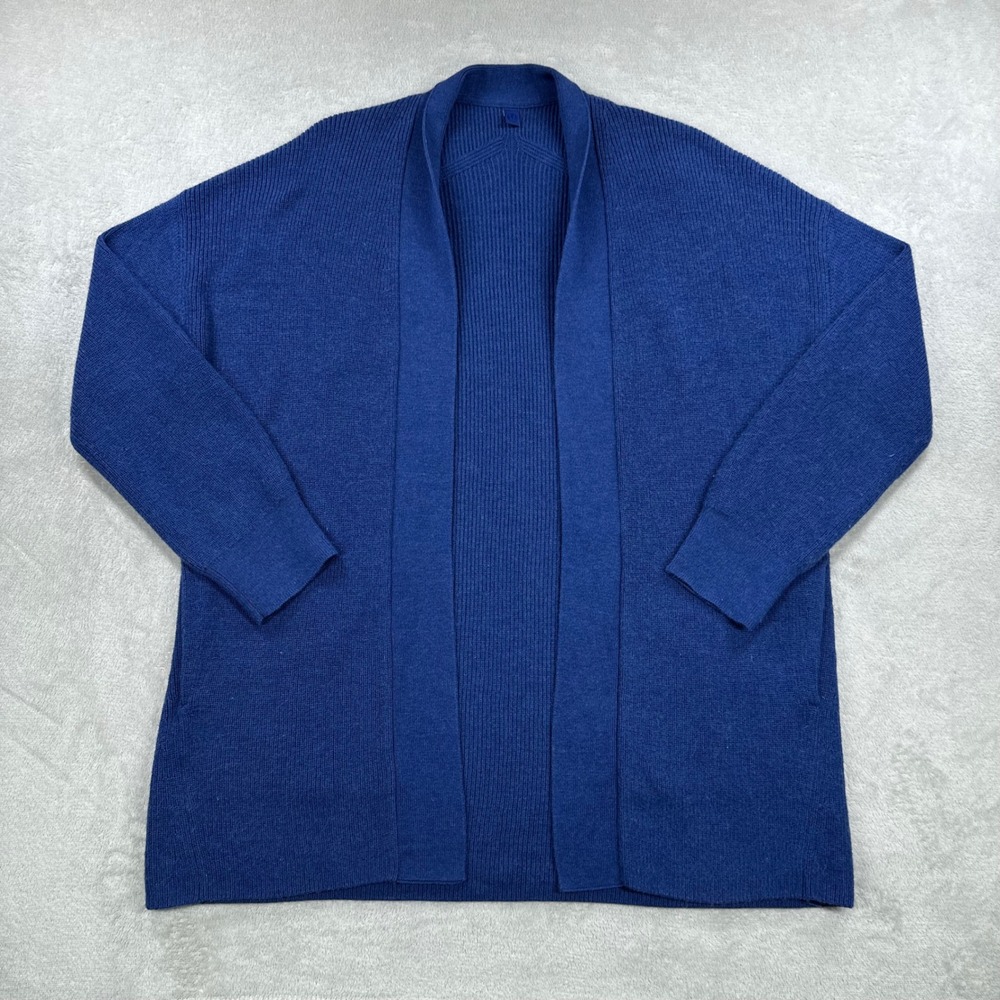 Lululemon Cardigan Sweater Women 8 Blue Merino Wool Blend Open Front Longline